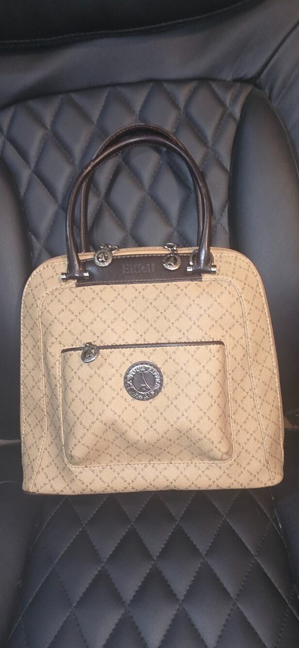 Authentic La Tour Eiffel Paris satchel handbag in beige monogram print canvas